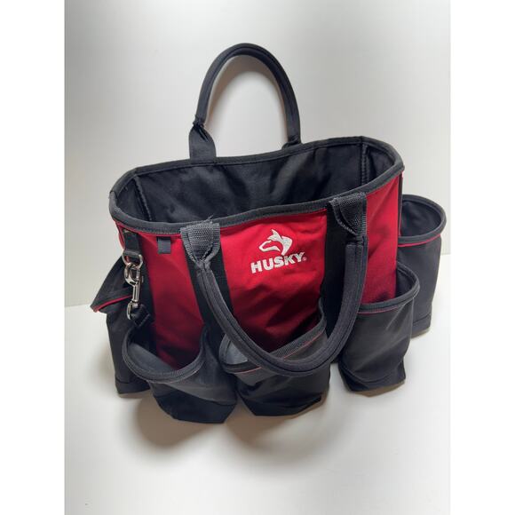 Husky 24 in 15 Pocket Open Top Supply Tool Bag Double Handle Utility Red Black - Picture 7 of 10